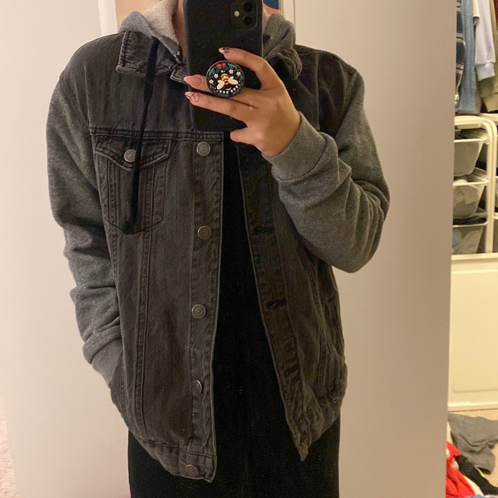 F21 Grey Denim Jacket Hoodie